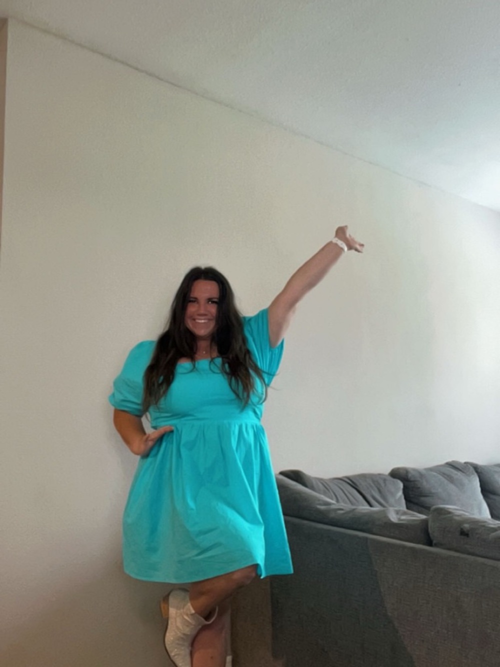 Turquoise Puff Sleeve Square Neck with Cutout Back Mini Dress